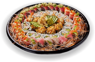A circular black platter filled with assorted sushi rolls, including various types of fish, vegetables, and garnish. The arrangement highlights vibrant colors and textures, reflecting a theme of healthy summer dining.