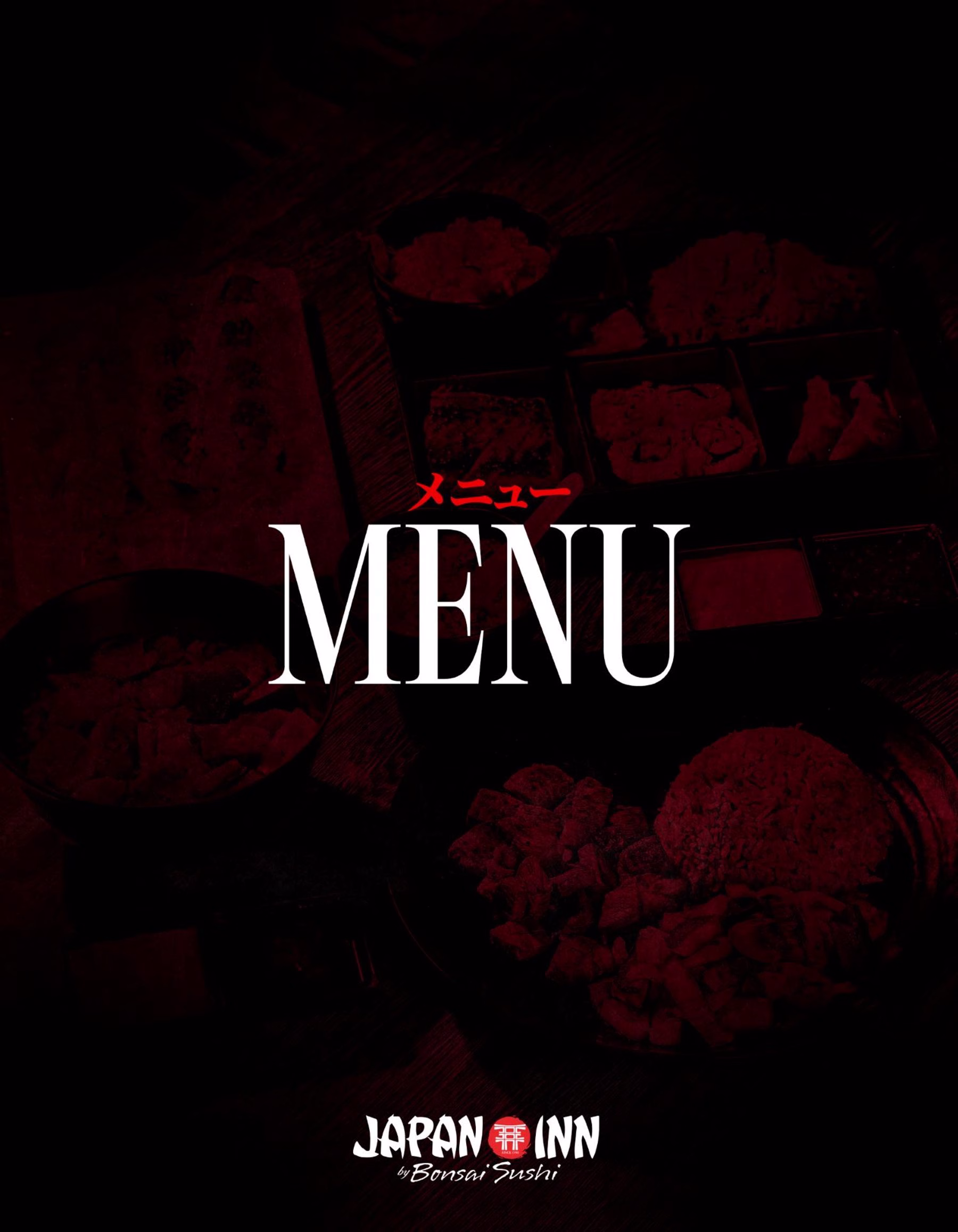 A dark red menu cover with the word “MENU” centered over faint food images, and the Bonsai Sushi logo at the bottom.