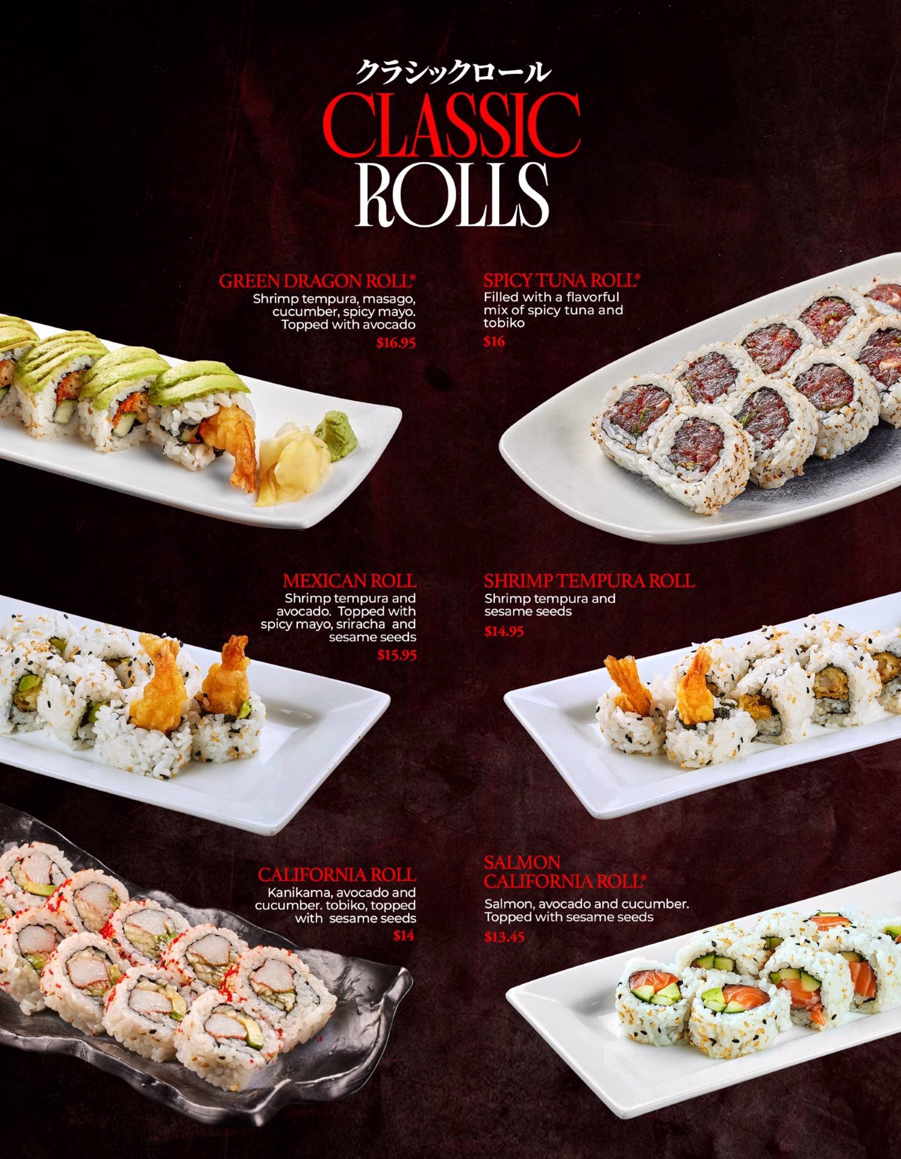 A sushi menu poster titled Classic Rolls shows six roll platters on white dishes against a dark background, with names and prices printed beside each item.