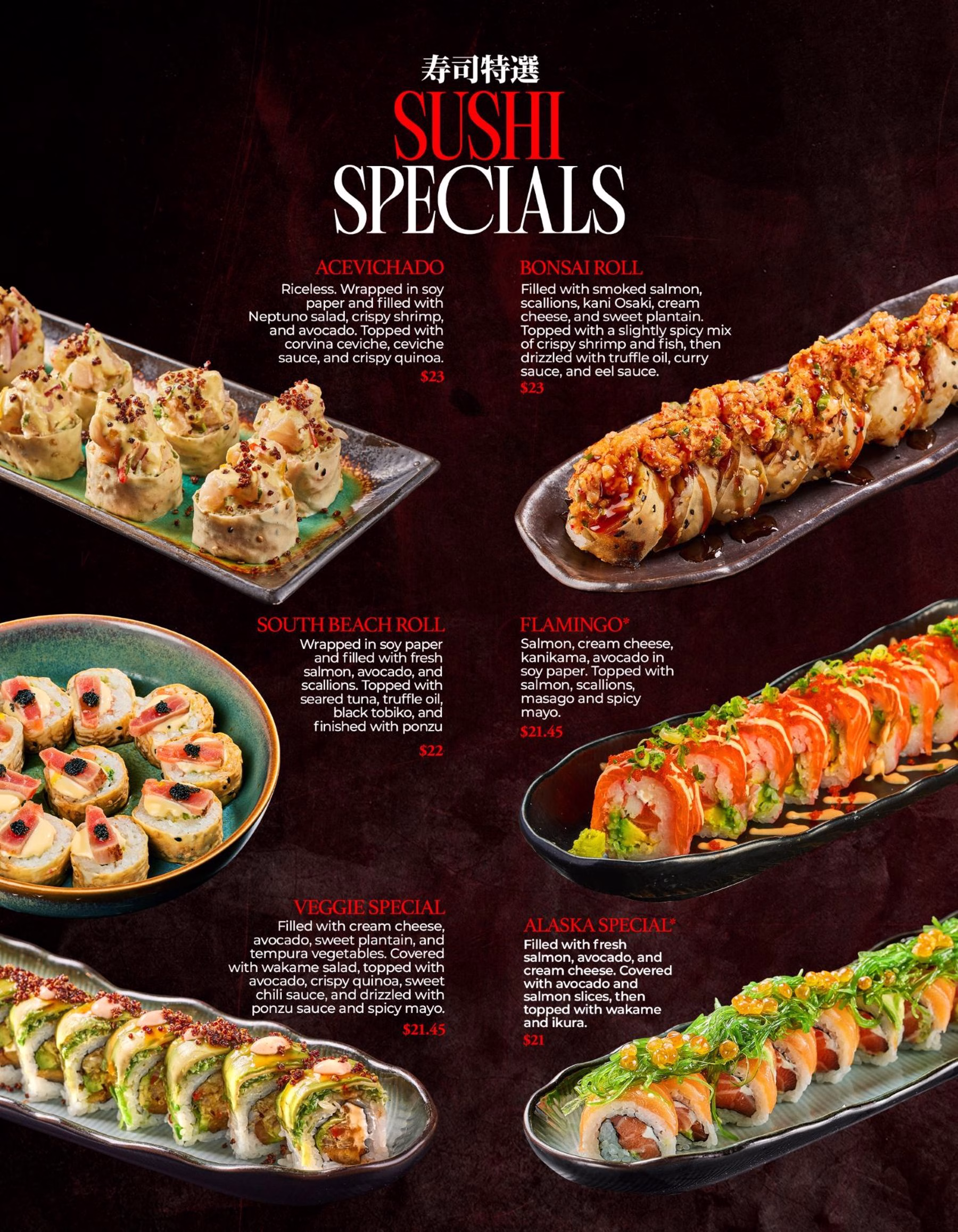 A sushi specials menu poster shows six plated sushi rolls with dish names and prices on a dark background.