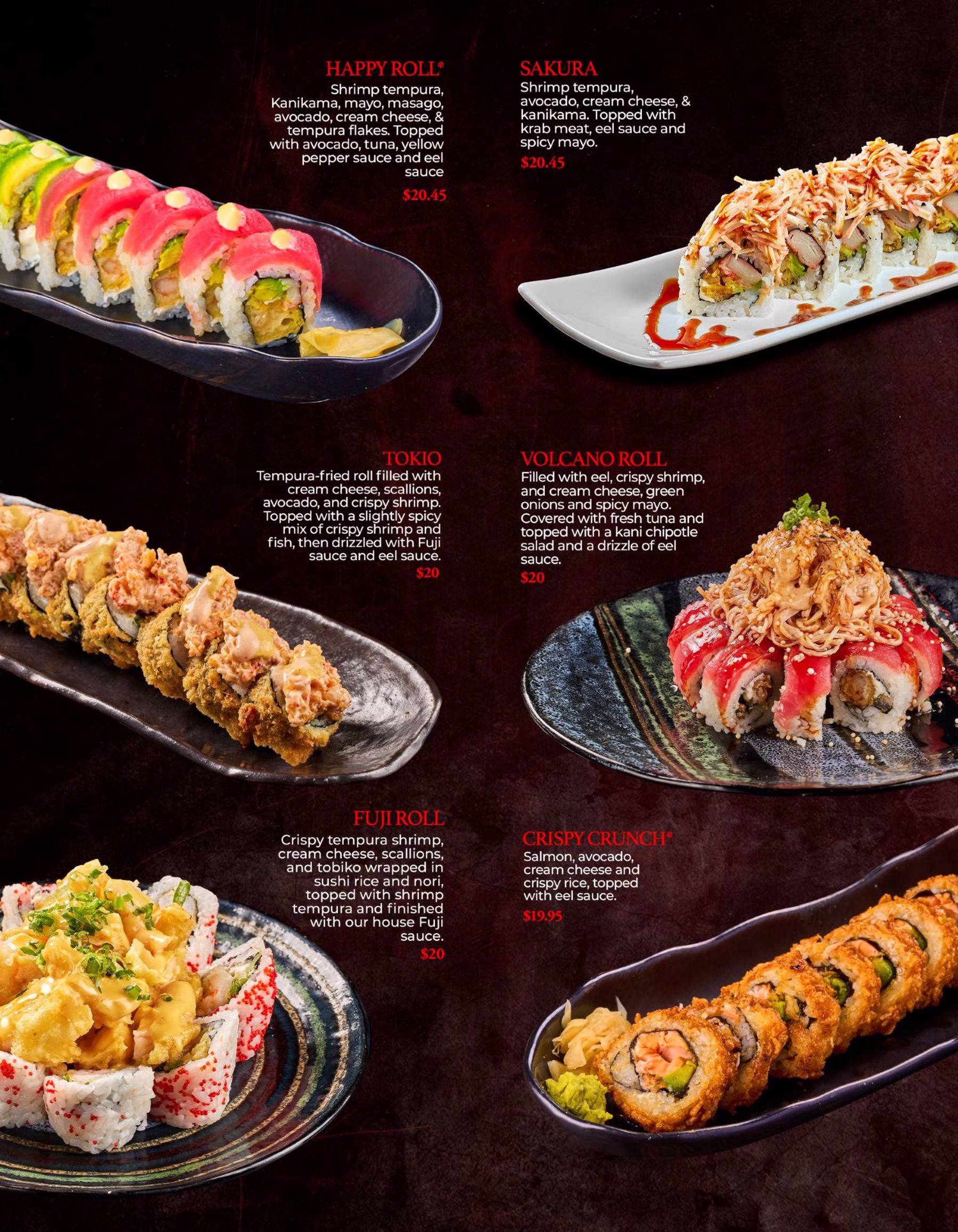 A sushi menu display shows six plated rolls on dark ceramic dishes against a black background, with red item names and prices printed between the photos.