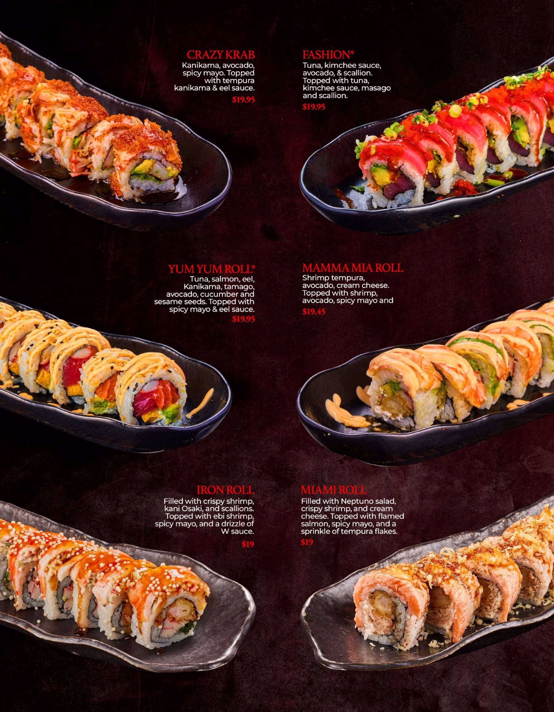 A sushi menu poster shows six assorted sushi rolls on black plates against a dark background, with red dish names and ingredient descriptions in the center.
