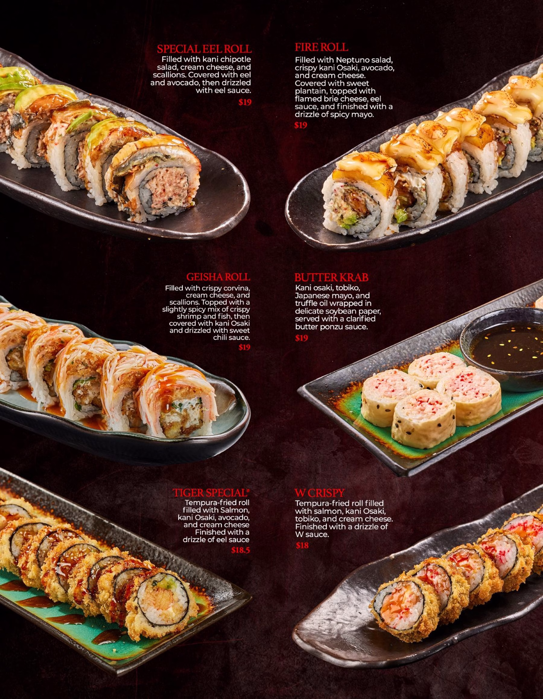 Six plated sushi rolls on dark rectangular dishes, displayed on a dark background with menu labels and prices.