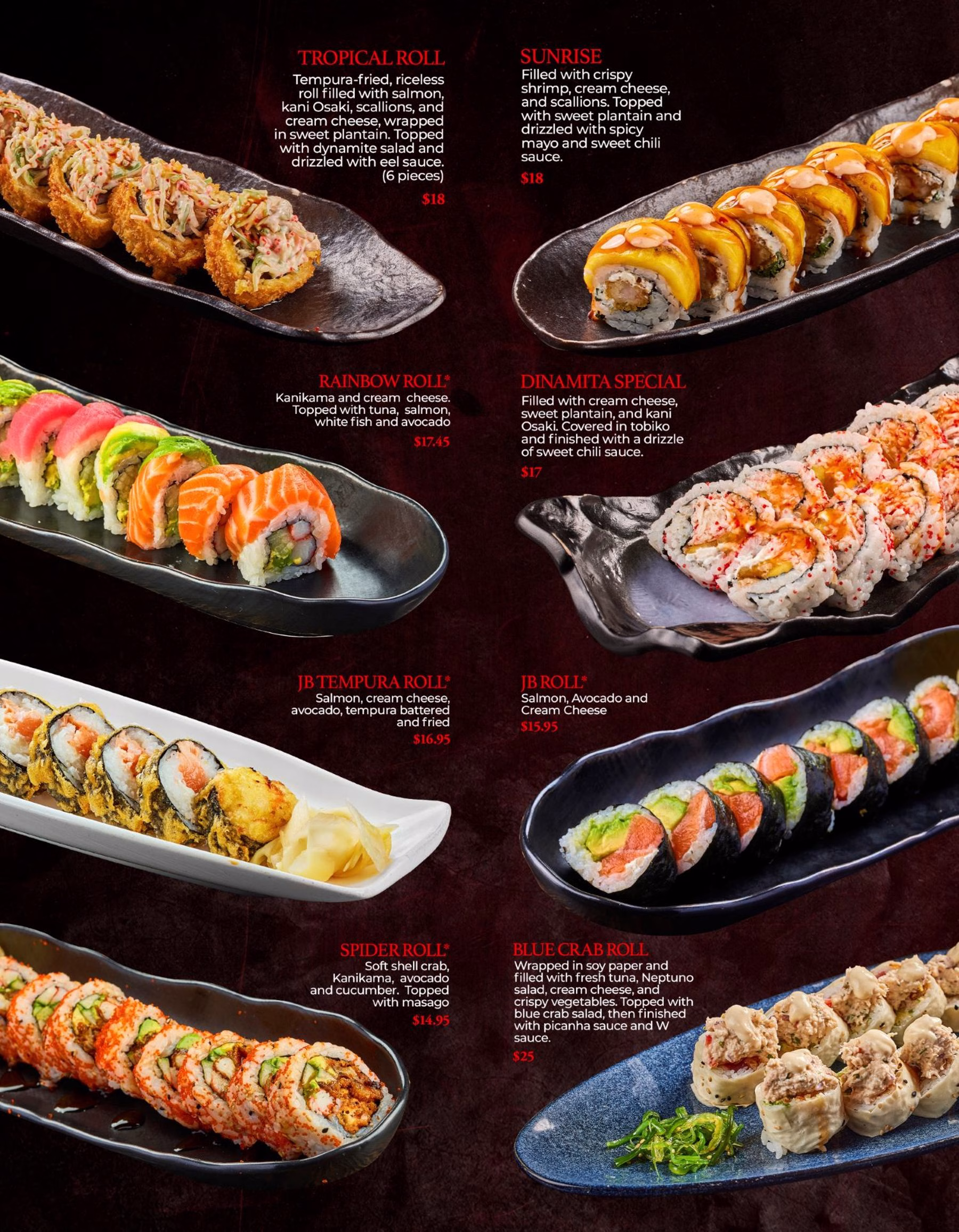 A menu display of eight sushi rolls on black and blue plates, including tropical roll, sunrise, rainbow roll, and dinamata special, arranged on a dark background with descriptions and prices.