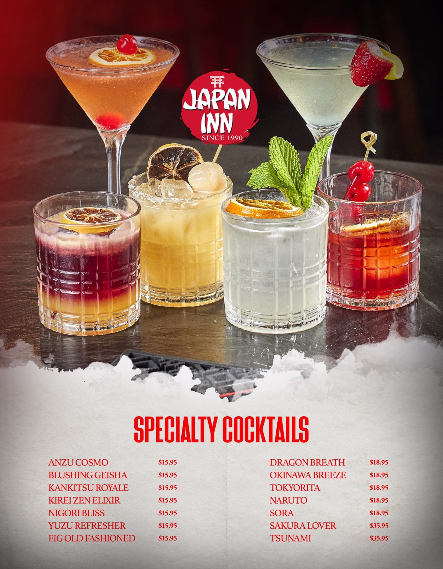 A display of specialty cocktails in assorted glasses on a dark bar top, with the Japan Inn logo above and a menu listing drink names and prices below.