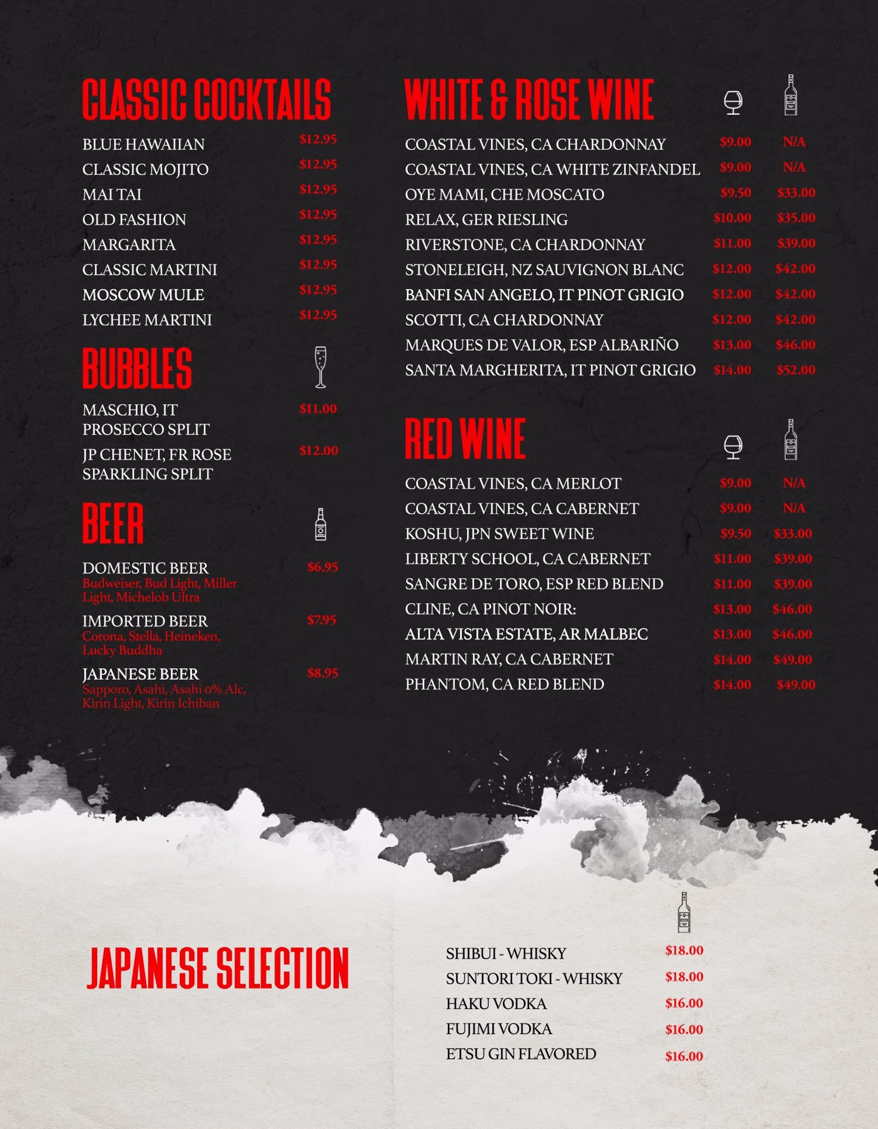 A beverage menu board lists classic cocktails, bubbles, beer, white and rose wine, red wine, and a Japanese selection on a black and white background.