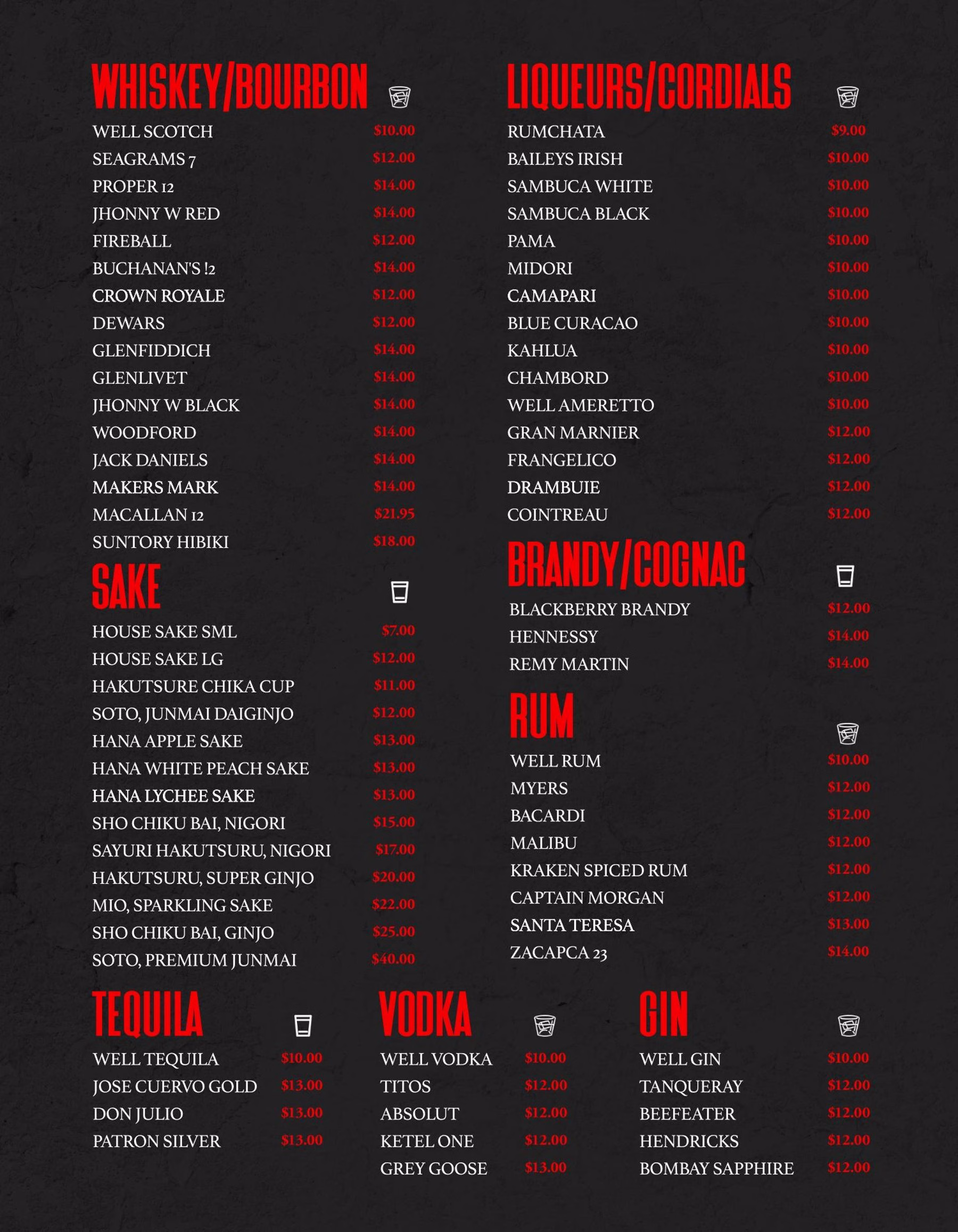 A black bar menu lists whiskey, sake, tequila, vodka, liqueurs, brandy, rum, and gin options in red and white text on a dark background.