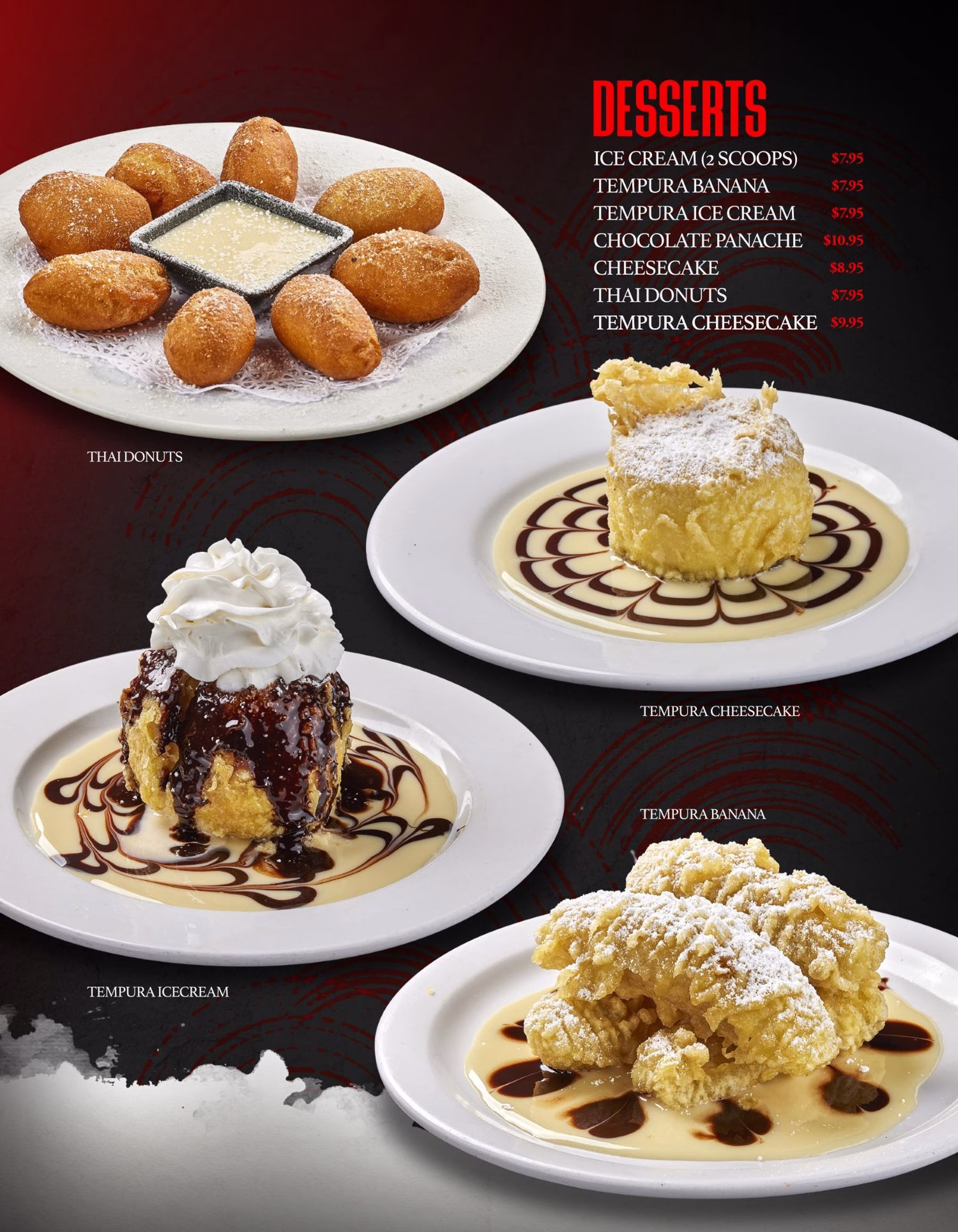 Japan Inn desserts menu page showing thai donuts, tempura cheesecake, tempura ice cream and tempura banana with prices.