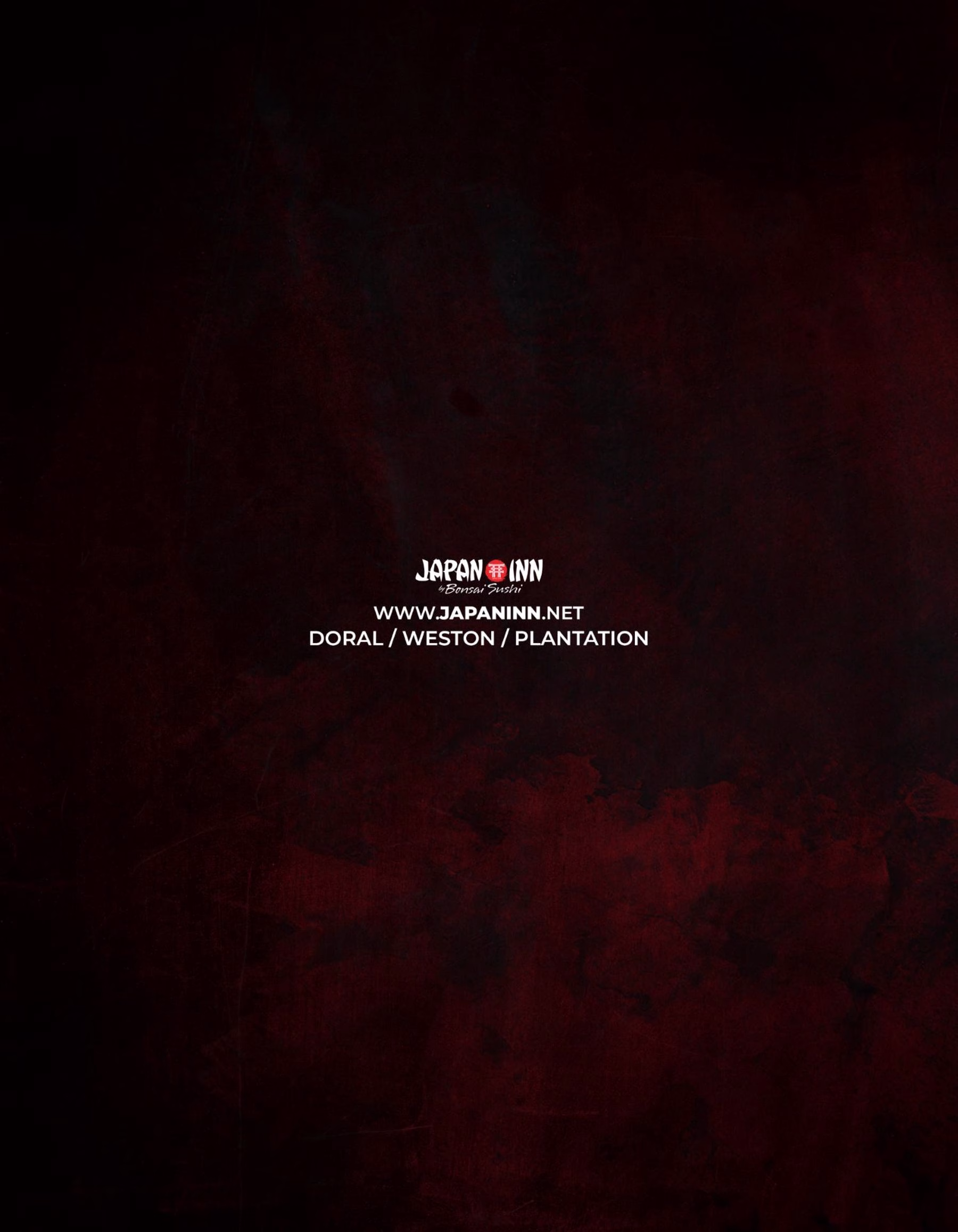 A dark, blurred red-and-black background with centered white text reading Japan Inn, www.japaninn.net, and Doral / Weston / Plantation.