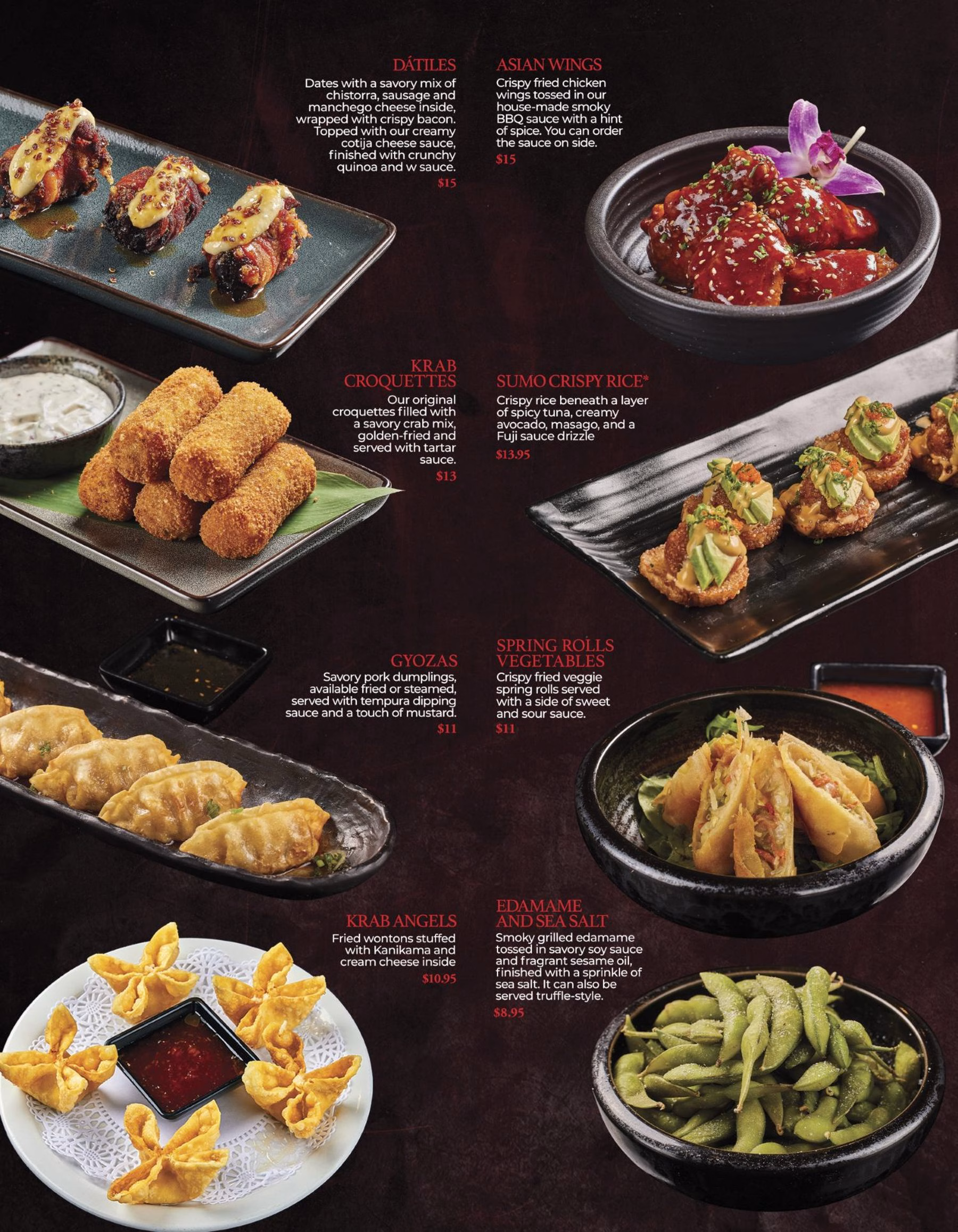A restaurant menu page shows several plated appetizers and small bowls, including chicken wings, crab croquettes, fried dumplings, spring rolls, and edamame on a dark background.