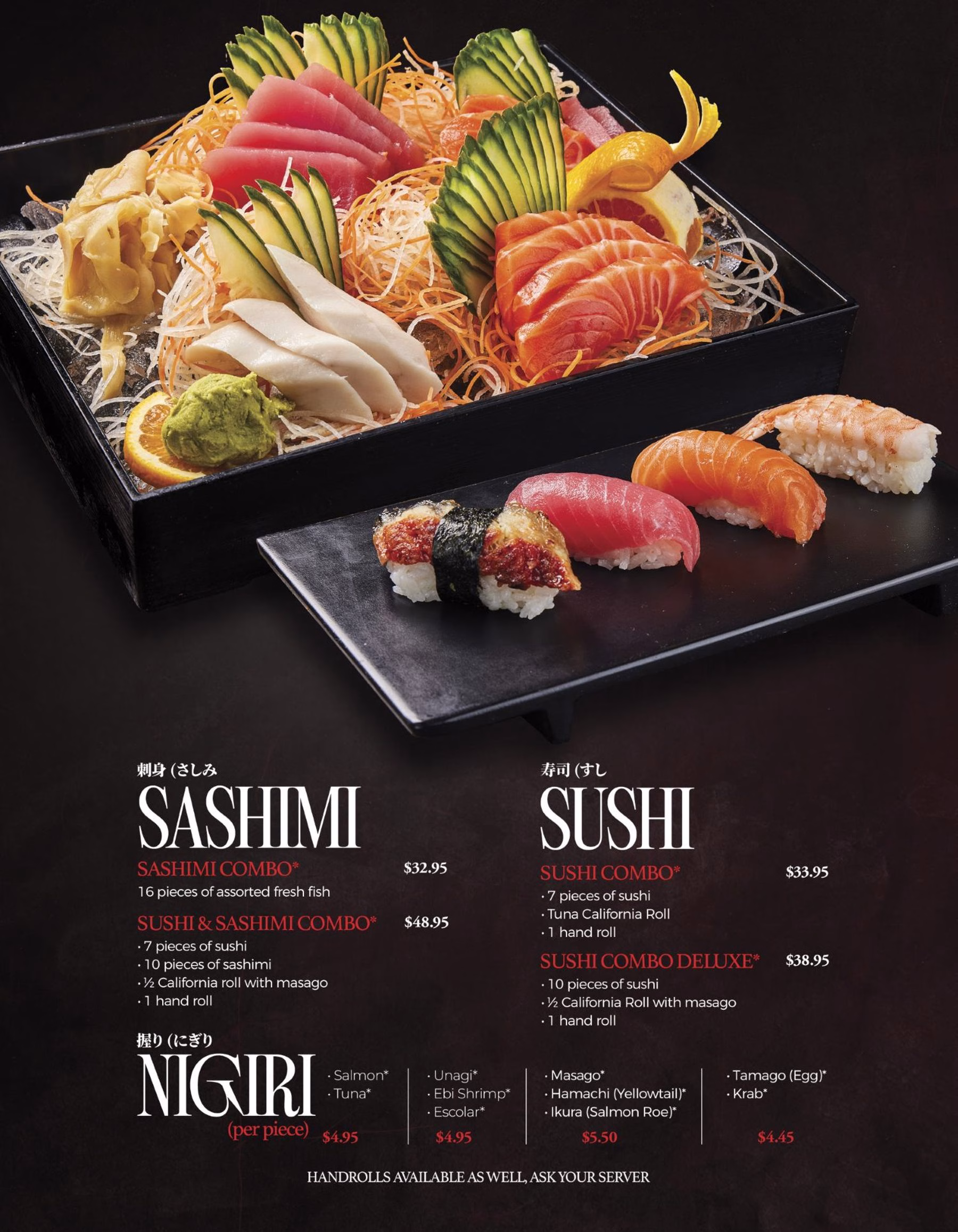 A platter of sashimi, sushi, and nigiri arranged on black serving trays with garnish and sauces.