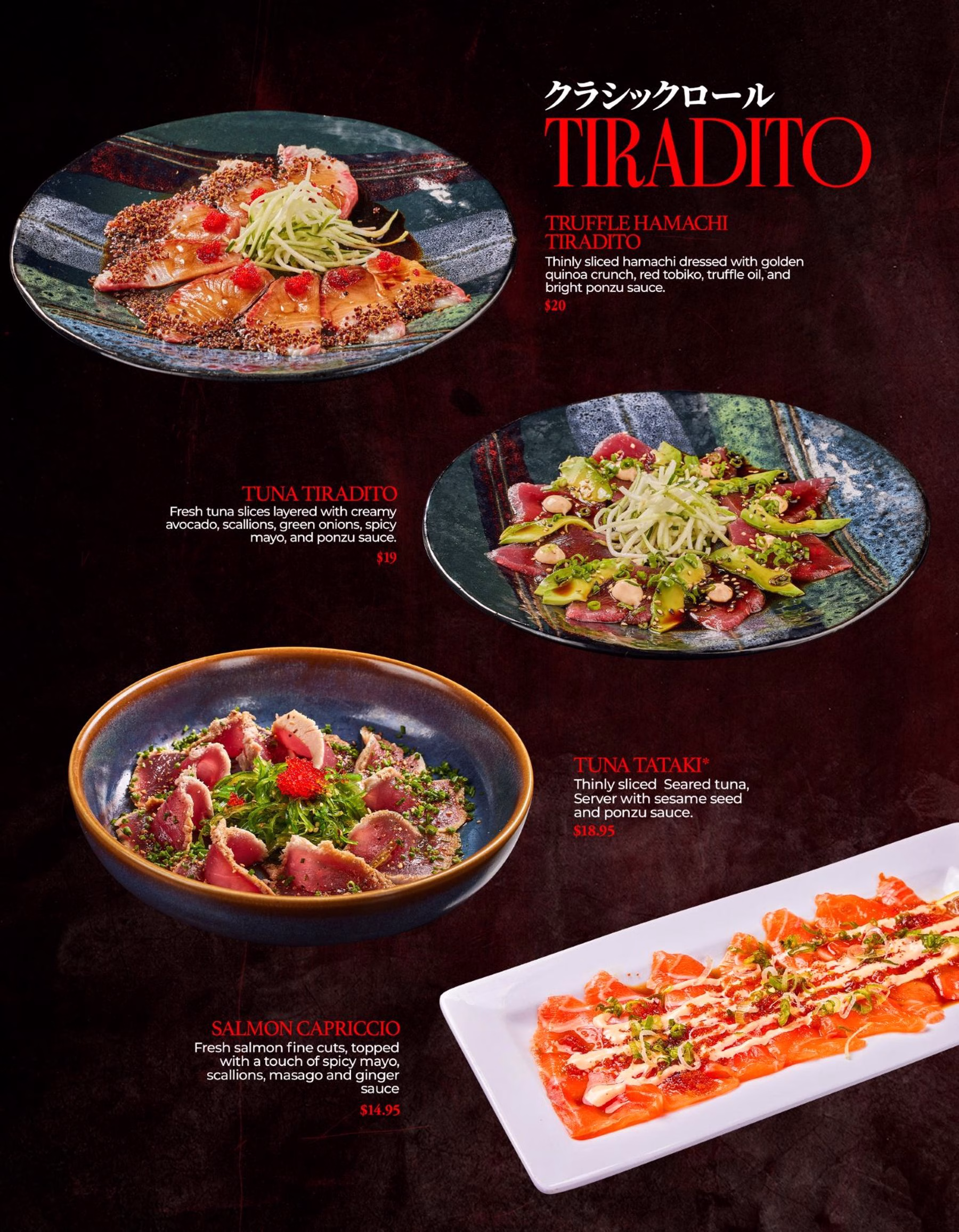 A restaurant menu page shows five sushi and sashimi dishes on patterned plates, including truffle hamachi tiradito, tuna tiradito, tuna tataki, salmon crudo, and salmon kerokero.