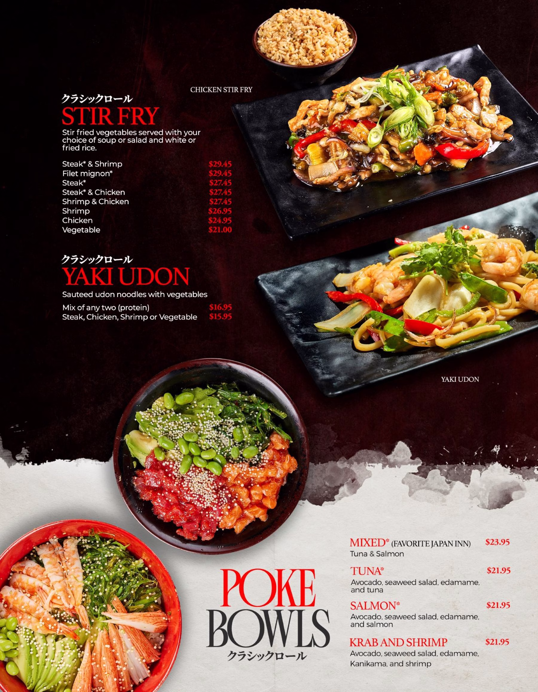 A restaurant menu poster featuring stir fry, yaki udon, and poke bowls, with photos of plated noodle dishes and rice bowls on a dark background.